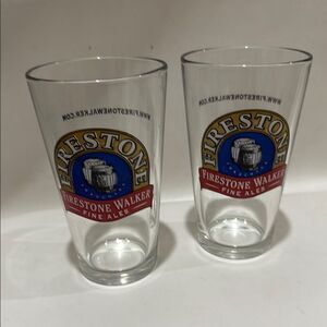 Firestone Walker Fine Ales Beer Logo 16 Oz Glass 5 3/4 Tall Red Blue Gold Set 2